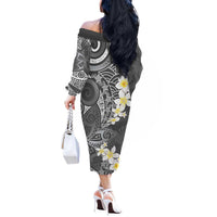 Gray Polynesian Tribal Frangipani Tropical Vibe Off The Shoulder Long Sleeve Dress