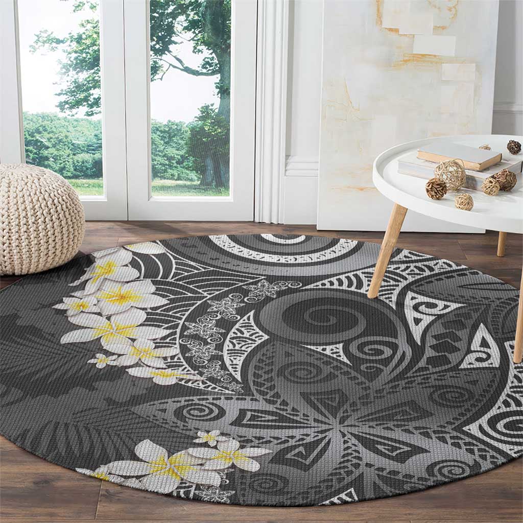 Gray Polynesian Tribal Frangipani Tropical Vibe Round Carpet