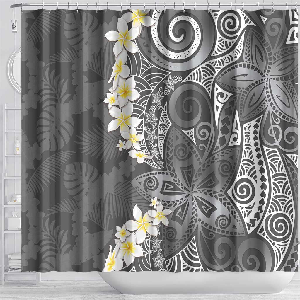 Gray Polynesian Tribal Frangipani Tropical Vibe Shower Curtain