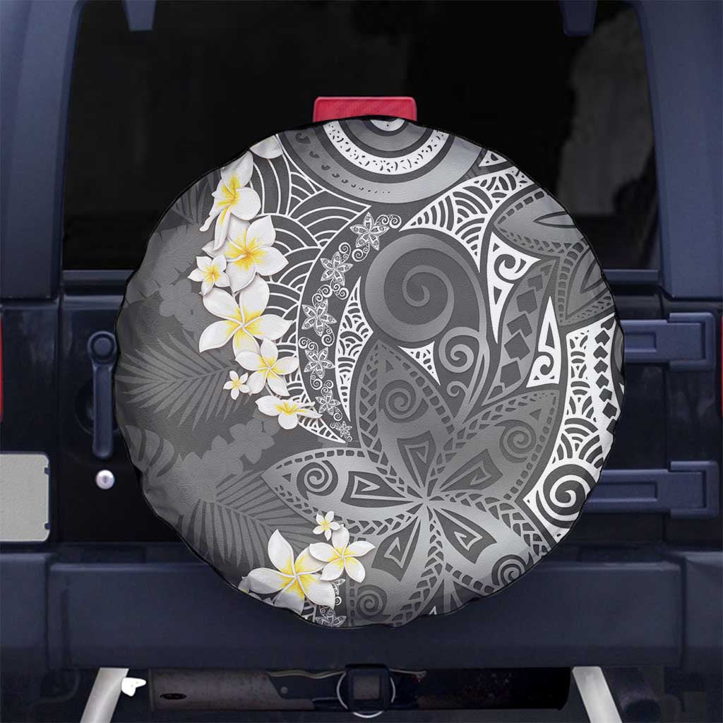 Gray Polynesian Tribal Frangipani Tropical Vibe Spare Tire Cover