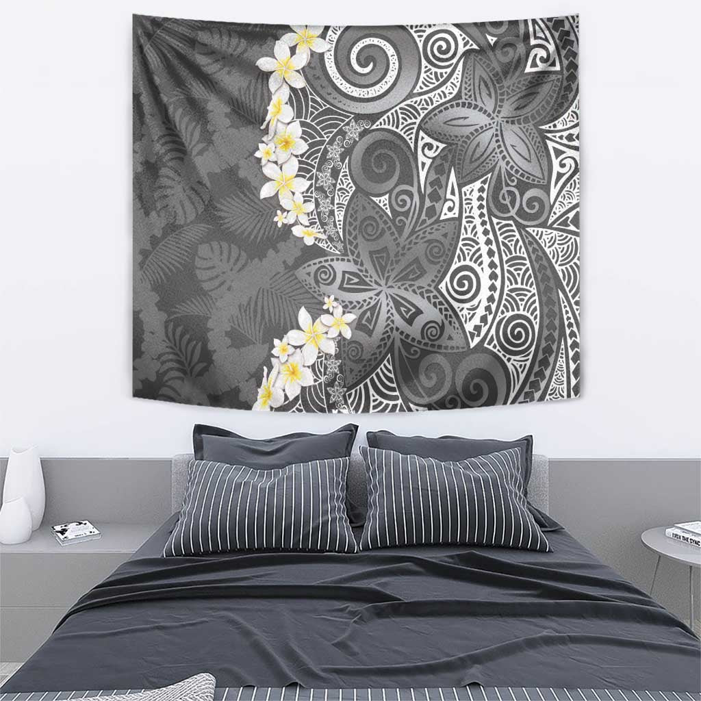 Gray Polynesian Tribal Frangipani Tropical Vibe Tapestry
