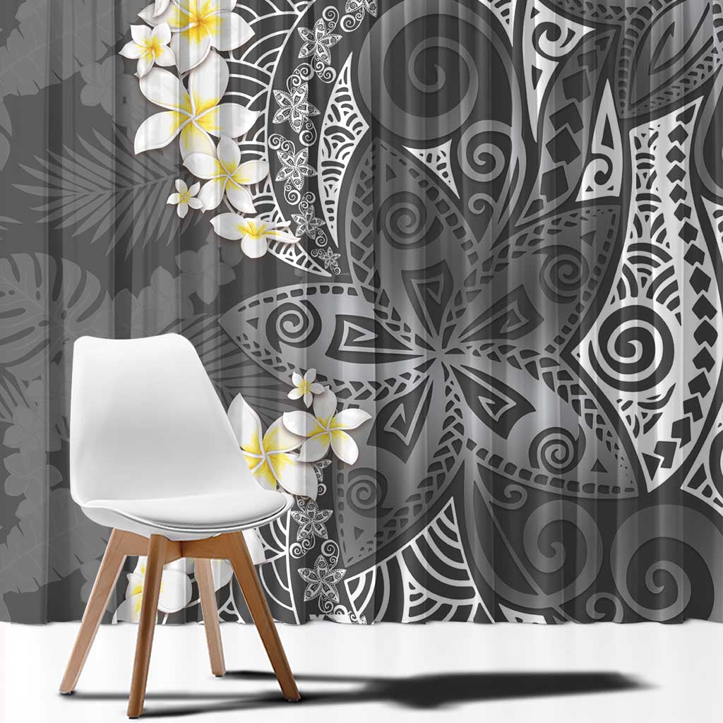 Gray Polynesian Tribal Frangipani Tropical Vibe Window Curtain