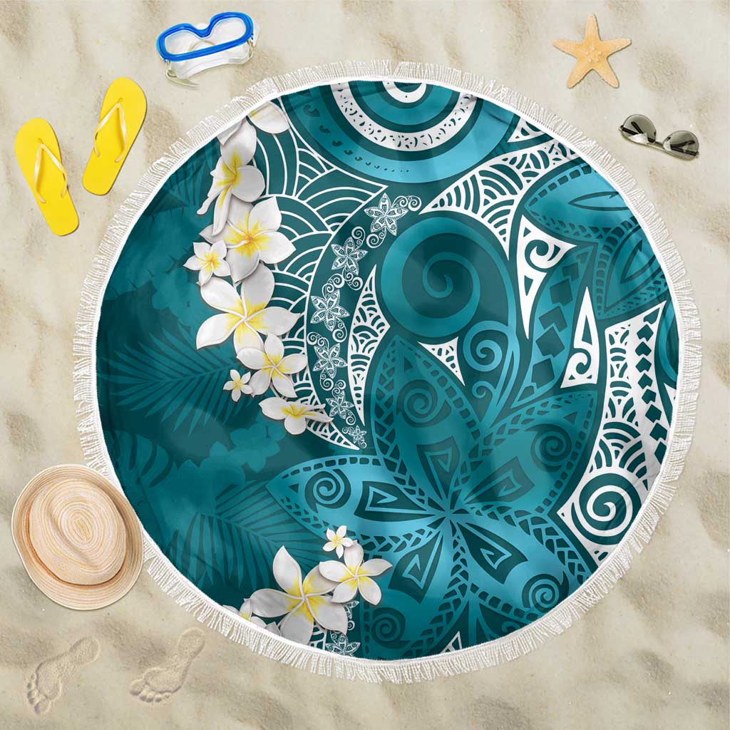 Cyan Polynesian Tribal Frangipani Tropical Vibe Beach Blanket
