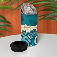Cyan Polynesian Tribal Frangipani Tropical Vibe 4 in 1 Can Cooler Tumbler