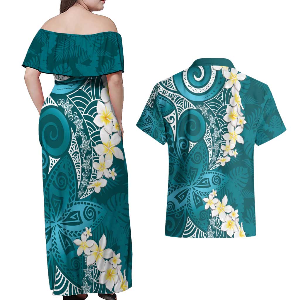 Cyan Polynesian Tribal Frangipani Tropical Vibe Couples Matching Off Shoulder Maxi Dress and Hawaiian Shirt