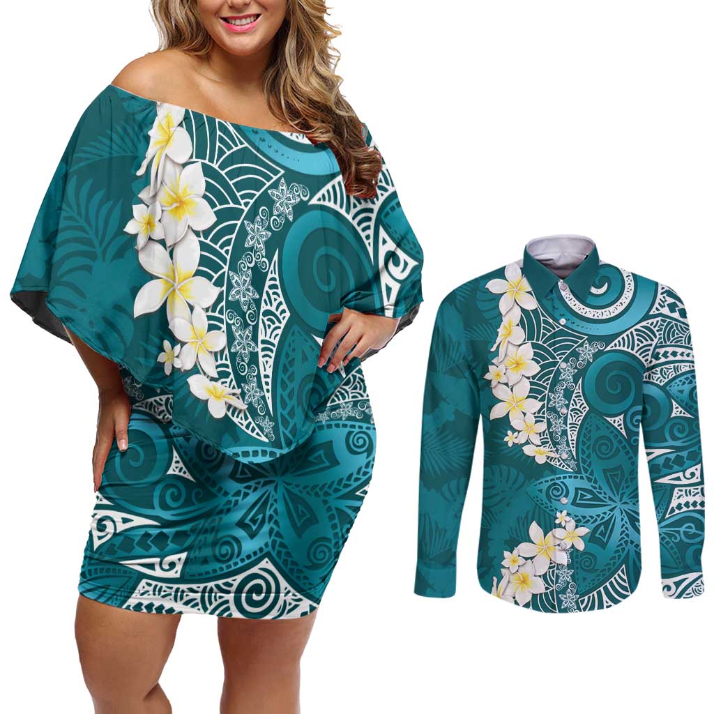 Cyan Polynesian Tribal Frangipani Tropical Vibe Couples Matching Off Shoulder Short Dress and Long Sleeve Button Shirt LT14 Cyan - Polynesian Pride