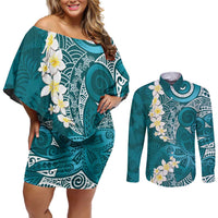 Cyan Polynesian Tribal Frangipani Tropical Vibe Couples Matching Off Shoulder Short Dress and Long Sleeve Button Shirt LT14 Cyan - Polynesian Pride