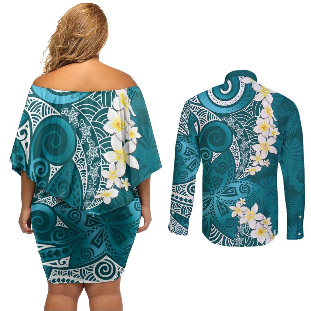 Cyan Polynesian Tribal Frangipani Tropical Vibe Couples Matching Off Shoulder Short Dress and Long Sleeve Button Shirt LT14 - Polynesian Pride