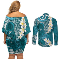 Cyan Polynesian Tribal Frangipani Tropical Vibe Couples Matching Off Shoulder Short Dress and Long Sleeve Button Shirt LT14 - Polynesian Pride