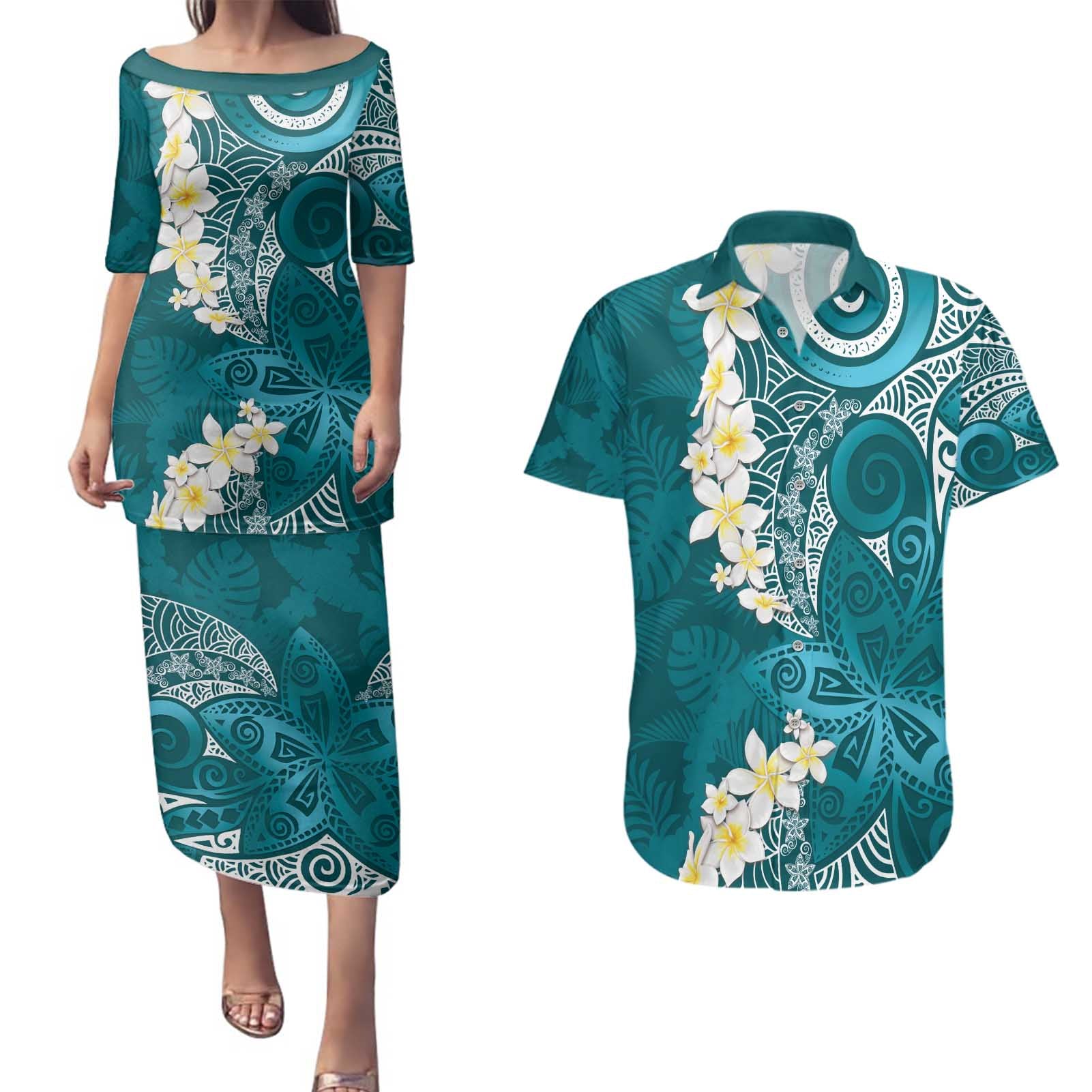 Cyan Polynesian Tribal Frangipani Tropical Vibe Couples Matching Puletasi and Hawaiian Shirt