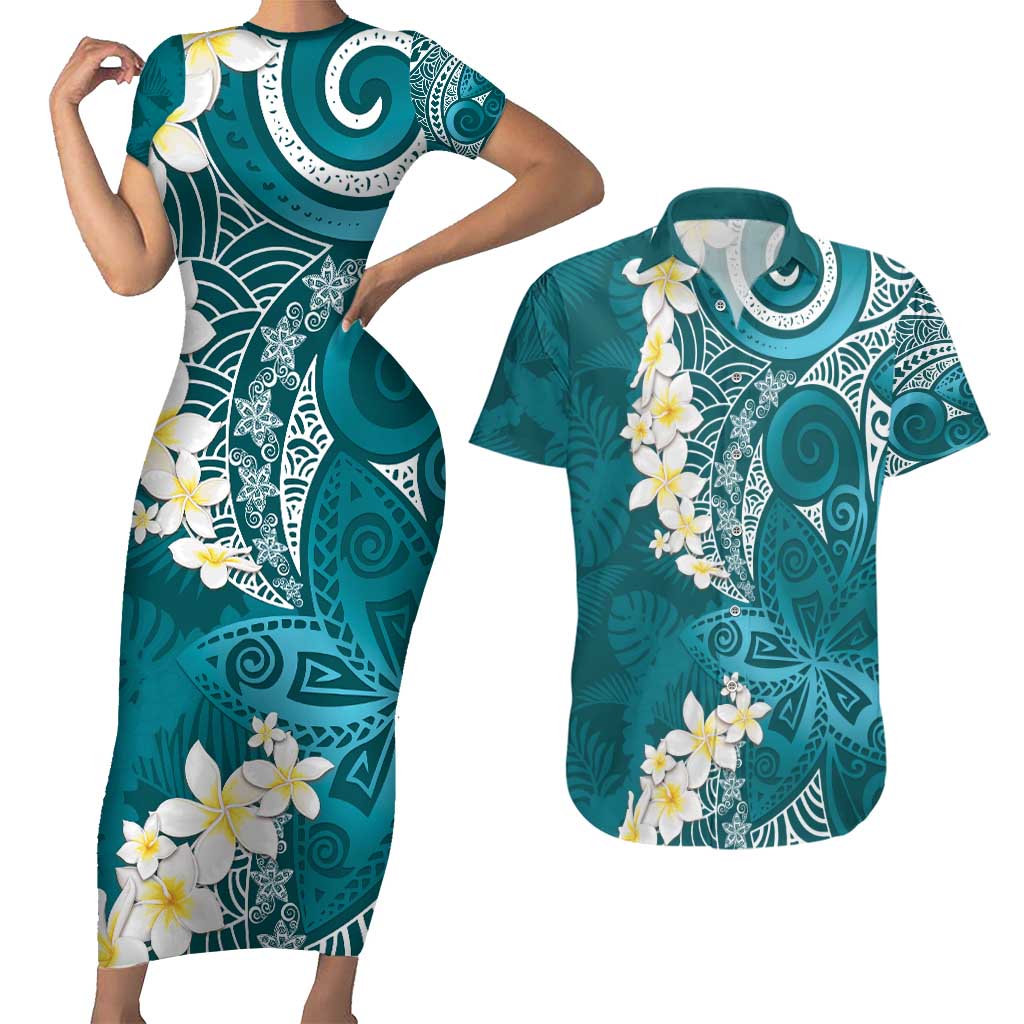 Cyan Polynesian Tribal Frangipani Tropical Vibe Couples Matching Short Sleeve Bodycon Dress and Hawaiian Shirt