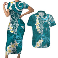 Cyan Polynesian Tribal Frangipani Tropical Vibe Couples Matching Short Sleeve Bodycon Dress and Hawaiian Shirt