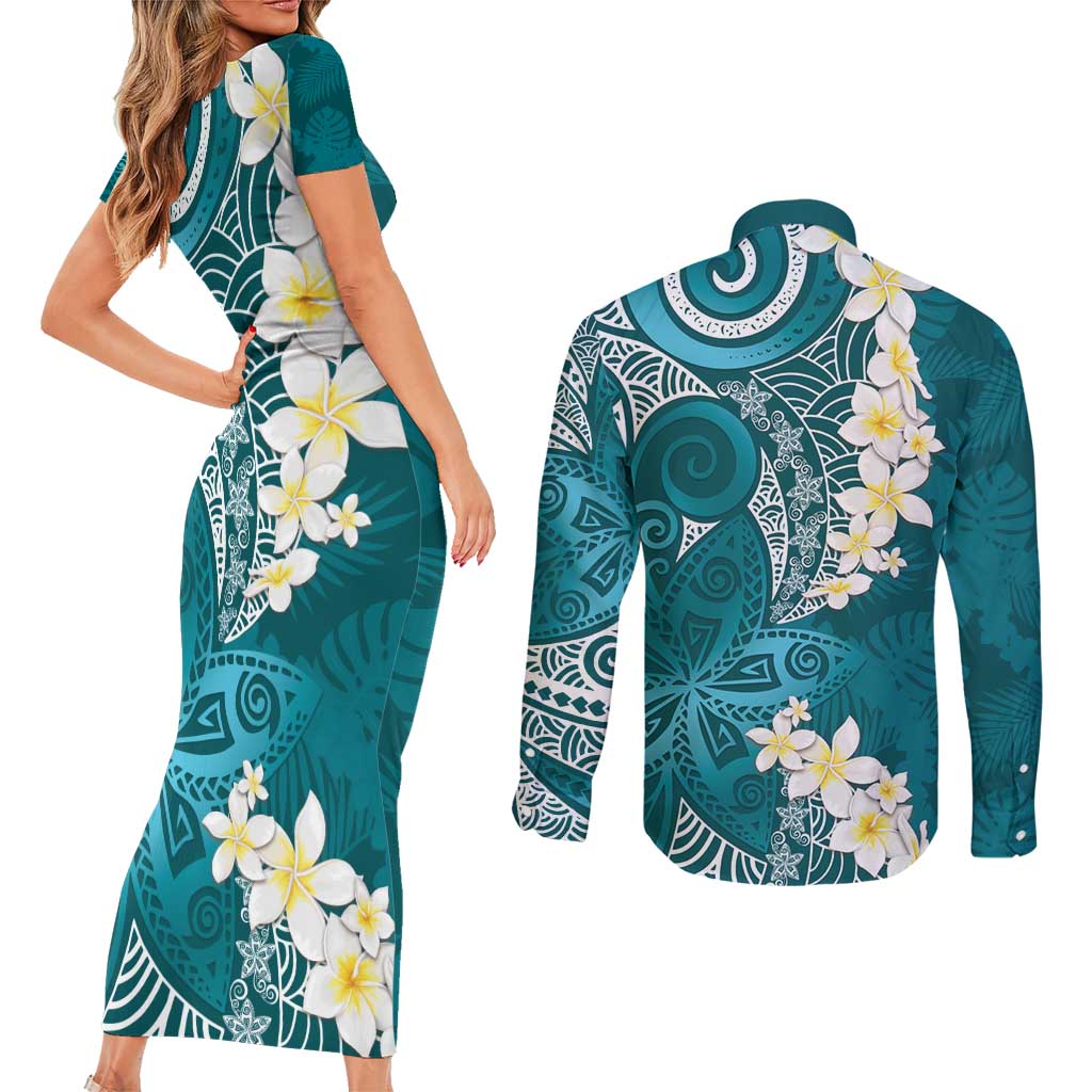 Cyan Polynesian Tribal Frangipani Tropical Vibe Couples Matching Short Sleeve Bodycon Dress and Long Sleeve Button Shirt