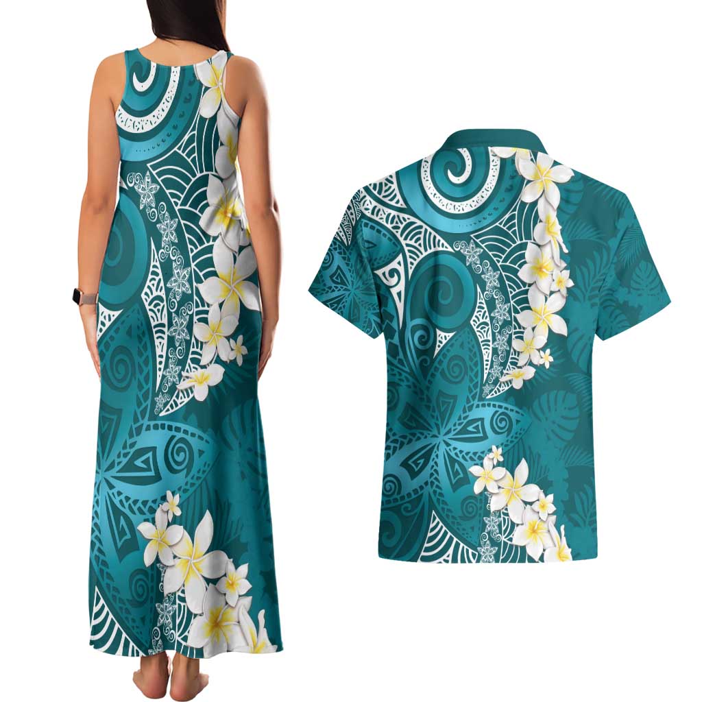 Cyan Polynesian Tribal Frangipani Tropical Vibe Couples Matching Tank Maxi Dress and Hawaiian Shirt