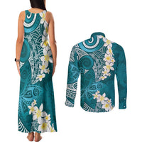 Cyan Polynesian Tribal Frangipani Tropical Vibe Couples Matching Tank Maxi Dress and Long Sleeve Button Shirt
