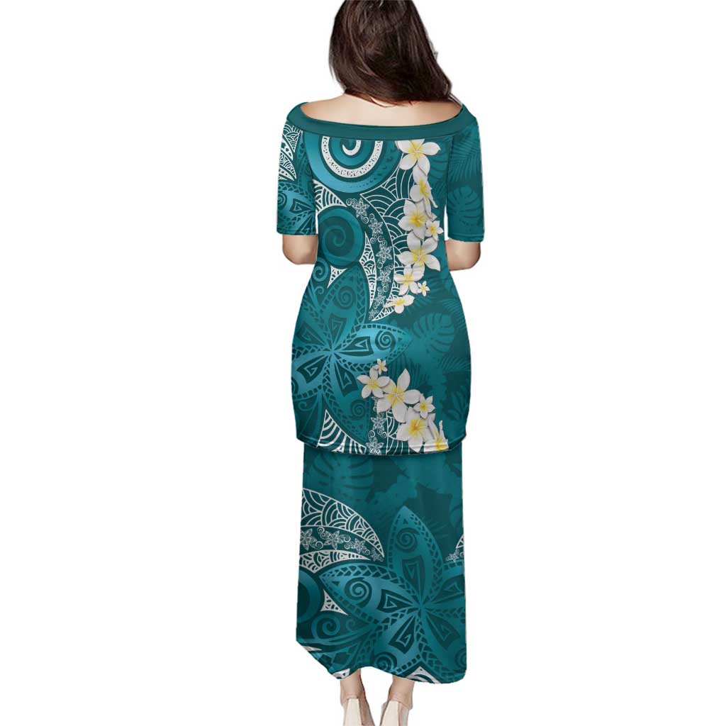 Cyan Polynesian Tribal Frangipani Tropical Vibe Family Matching Puletasi and Hawaiian Shirt