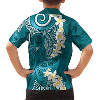 Cyan Polynesian Tribal Frangipani Tropical Vibe Family Matching Short Sleeve Bodycon Dress and Hawaiian Shirt