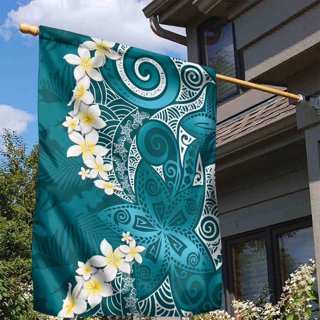 Cyan Polynesian Tribal Frangipani Tropical Vibe Garden Flag