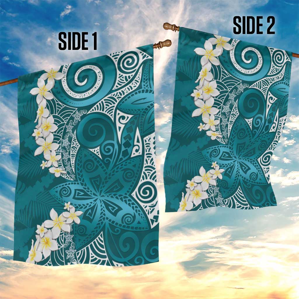 Cyan Polynesian Tribal Frangipani Tropical Vibe Garden Flag
