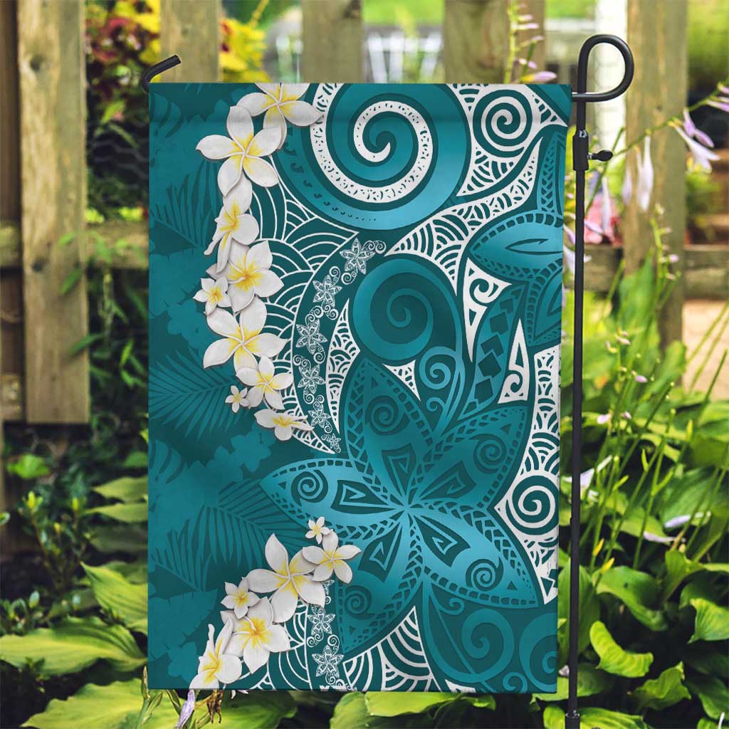 Cyan Polynesian Tribal Frangipani Tropical Vibe Garden Flag
