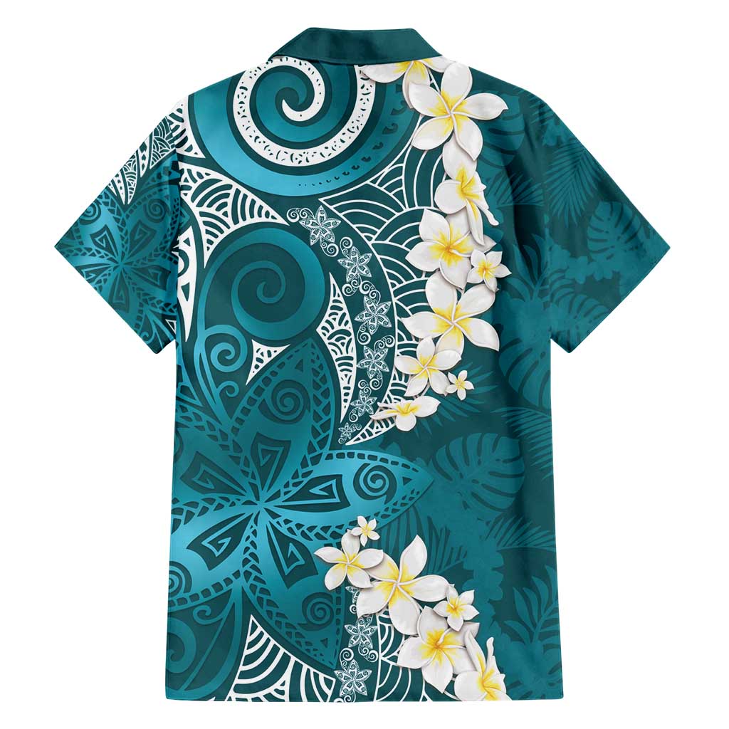 Cyan Polynesian Tribal Frangipani Tropical Vibe Hawaiian Shirt