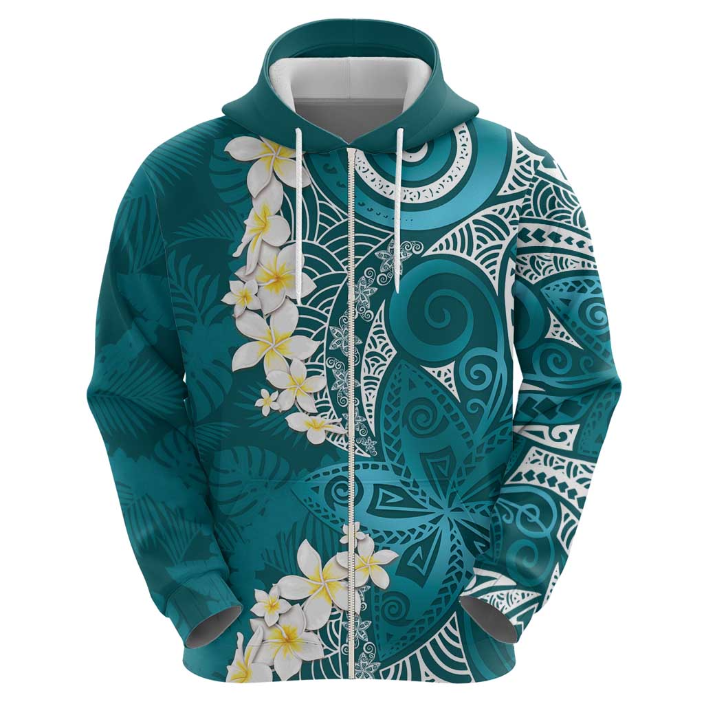 Cyan Polynesian Tribal Frangipani Tropical Vibe Hoodie