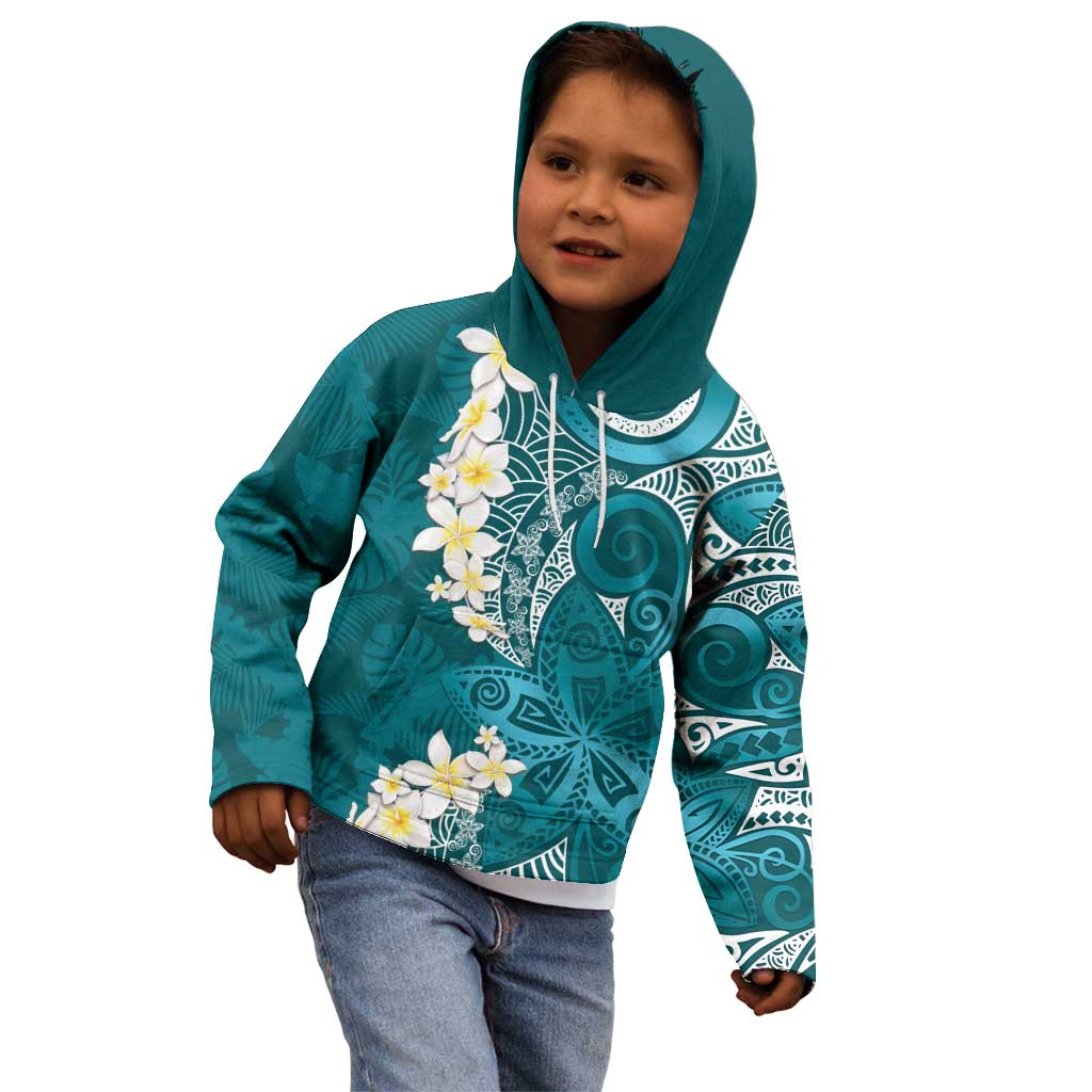 Cyan Polynesian Tribal Frangipani Tropical Vibe Kid Hoodie