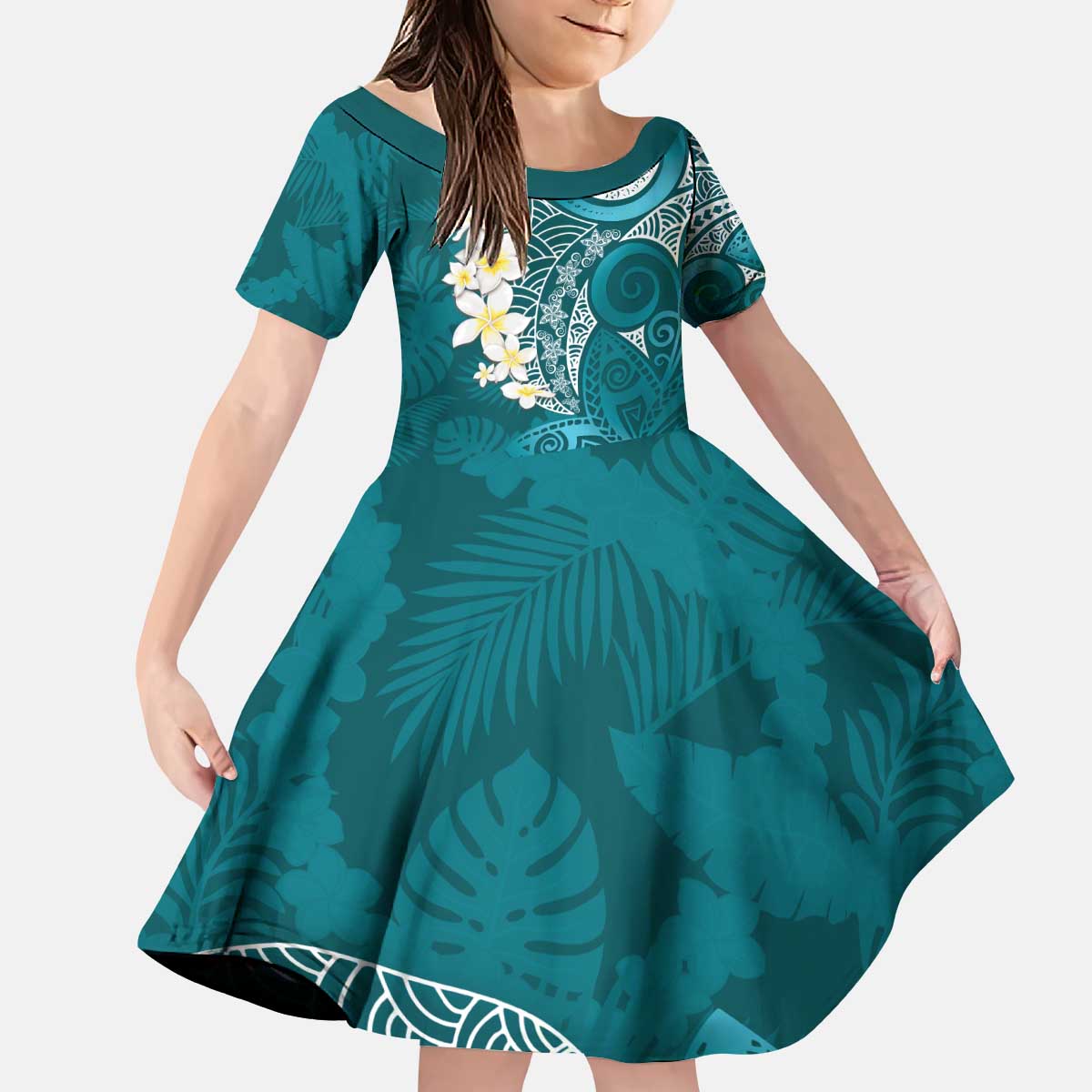 Cyan Polynesian Tribal Frangipani Tropical Vibe Kid Short Sleeve Dress