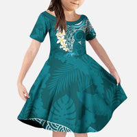 Cyan Polynesian Tribal Frangipani Tropical Vibe Kid Short Sleeve Dress