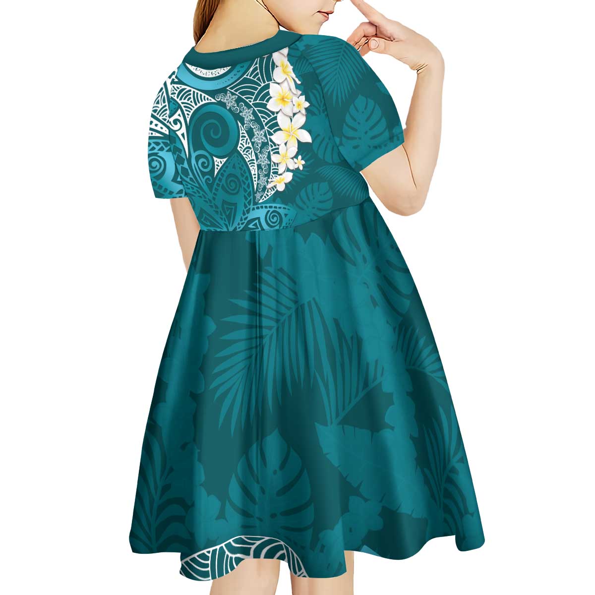 Cyan Polynesian Tribal Frangipani Tropical Vibe Kid Short Sleeve Dress
