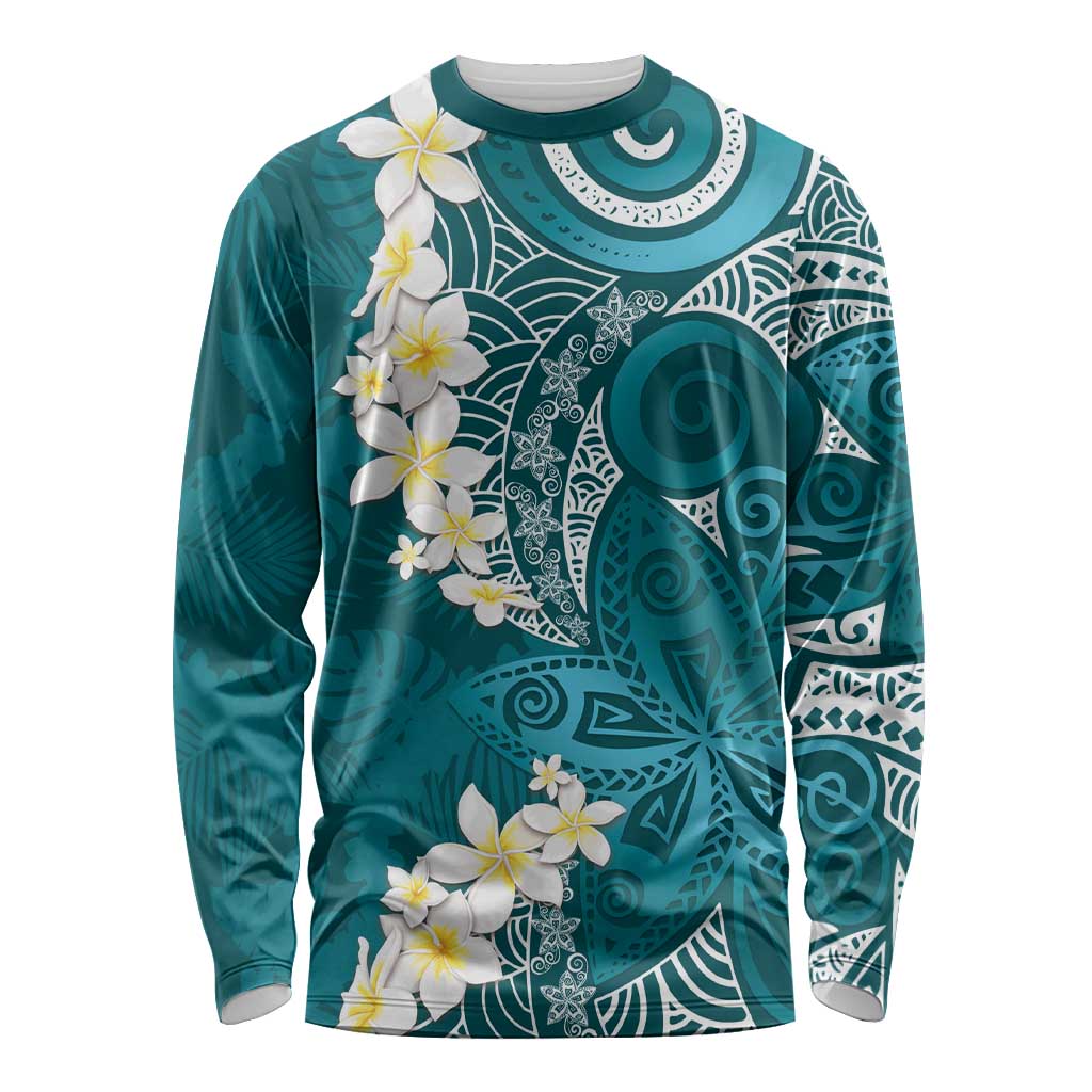 Cyan Polynesian Tribal Frangipani Tropical Vibe Long Sleeve Shirt