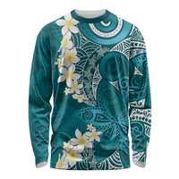 Cyan Polynesian Tribal Frangipani Tropical Vibe Long Sleeve Shirt