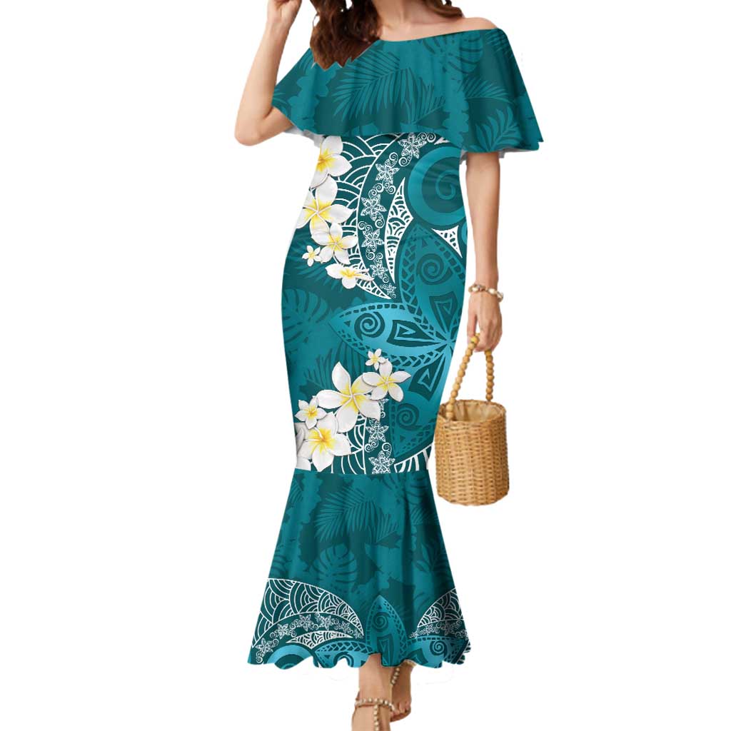 Cyan Polynesian Tribal Frangipani Tropical Vibe Mermaid Dress