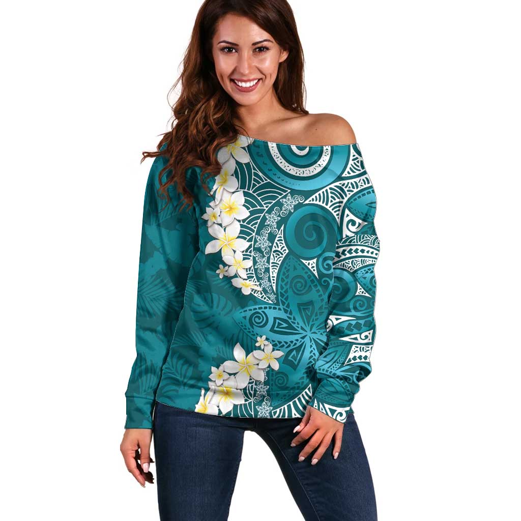 Cyan Polynesian Tribal Frangipani Tropical Vibe Off Shoulder Sweater