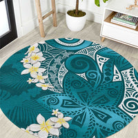 Cyan Polynesian Tribal Frangipani Tropical Vibe Round Carpet