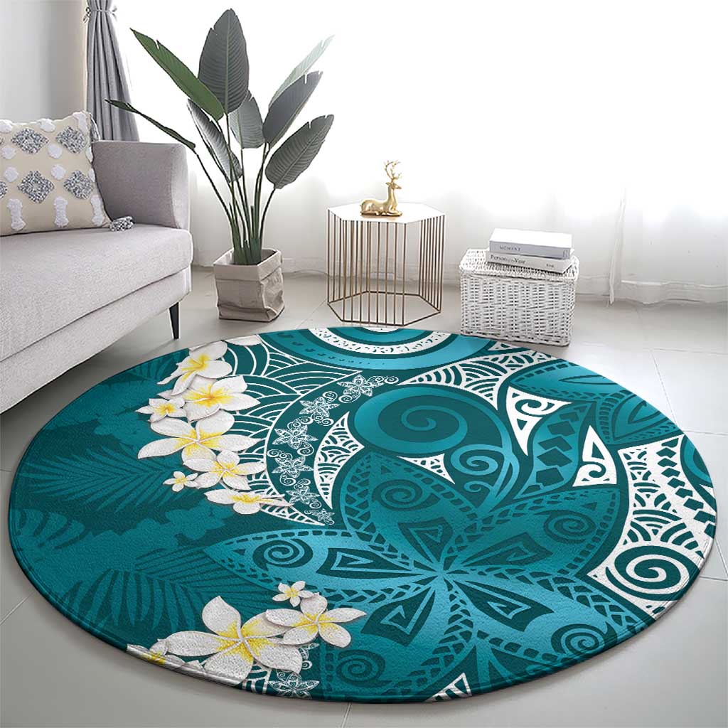 Cyan Polynesian Tribal Frangipani Tropical Vibe Round Carpet