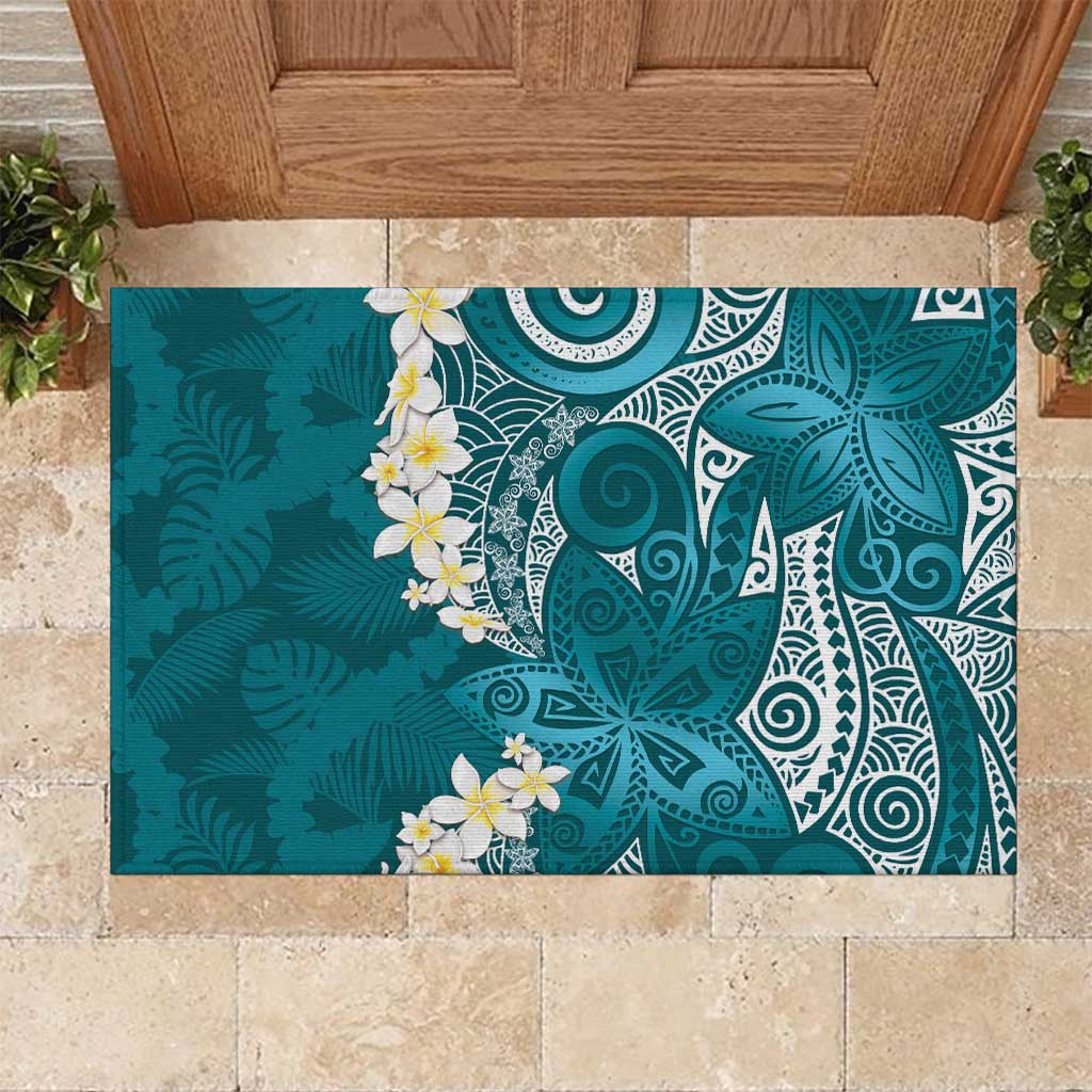 Cyan Polynesian Tribal Frangipani Tropical Vibe Rubber Doormat