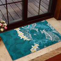 Cyan Polynesian Tribal Frangipani Tropical Vibe Rubber Doormat