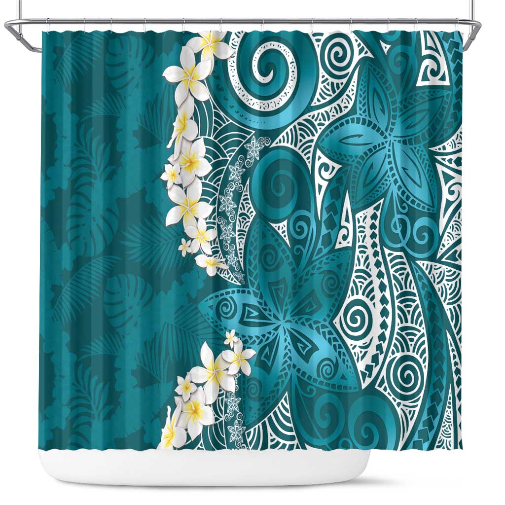 Cyan Polynesian Tribal Frangipani Tropical Vibe Shower Curtain