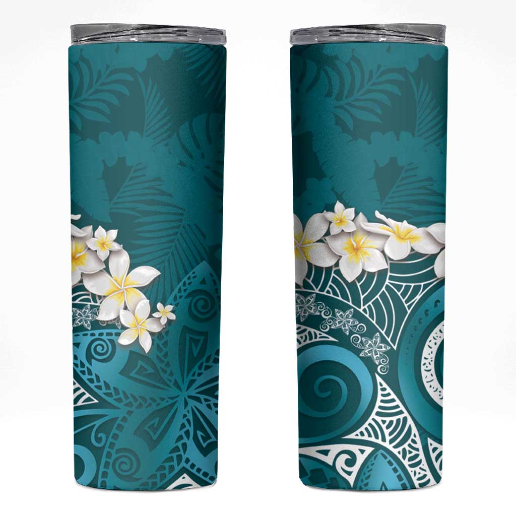 Cyan Polynesian Tribal Frangipani Tropical Vibe Skinny Tumbler