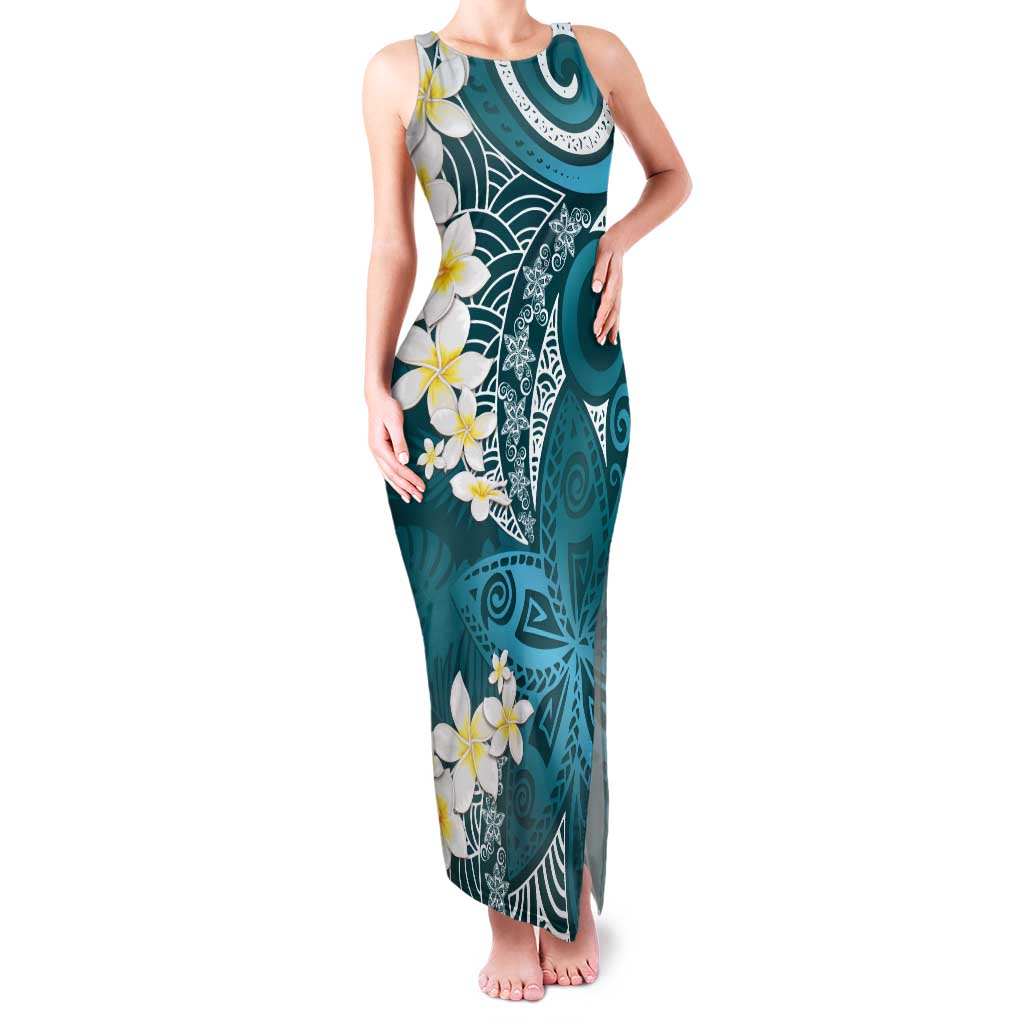 Cyan Polynesian Tribal Frangipani Tropical Vibe Tank Maxi Dress