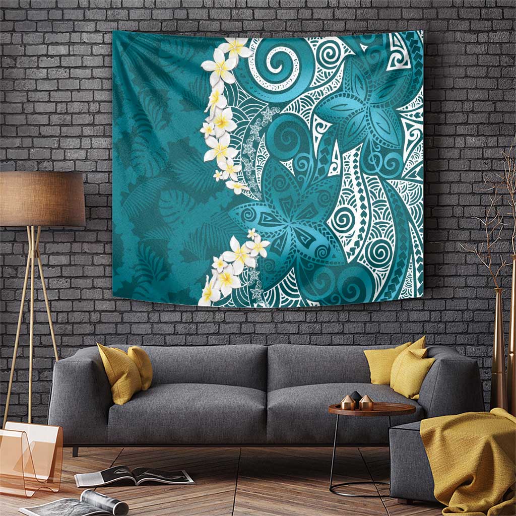 Cyan Polynesian Tribal Frangipani Tropical Vibe Tapestry