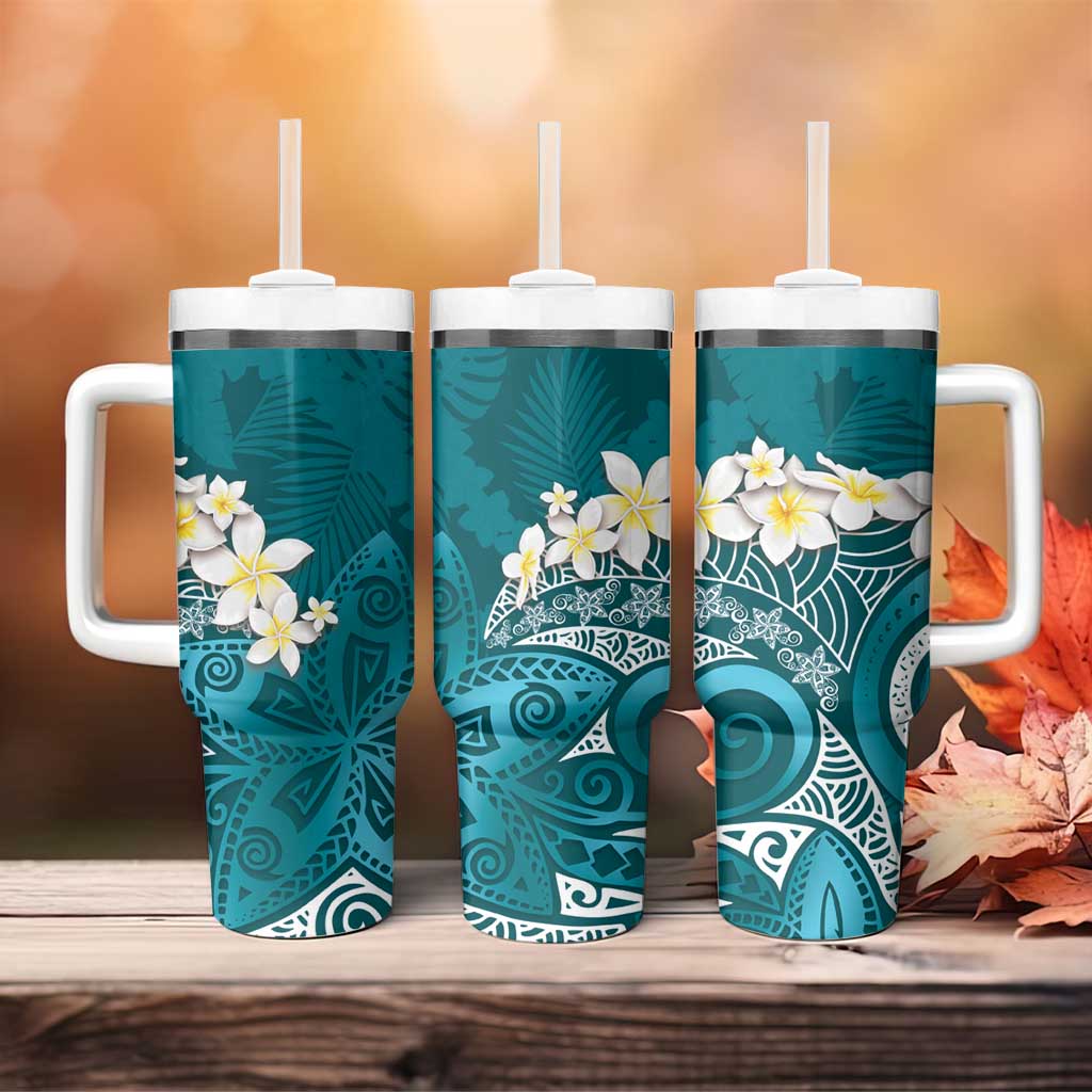 Cyan Polynesian Tribal Frangipani Tropical Vibe Tumbler With Handle
