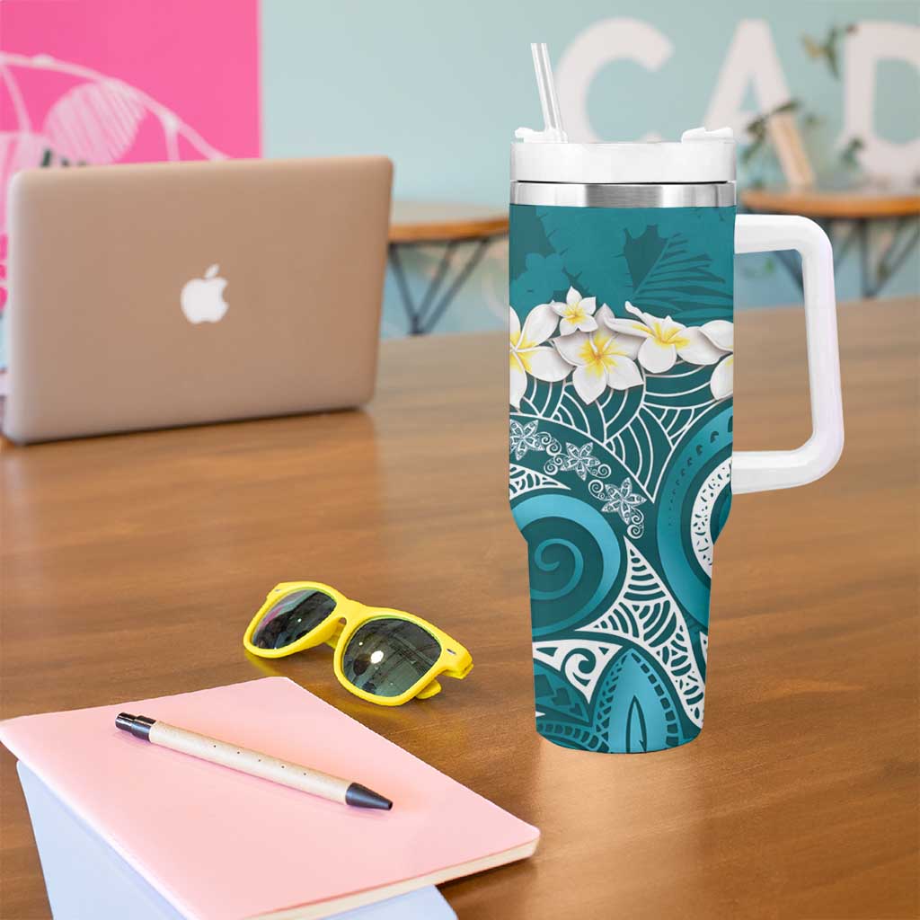 Cyan Polynesian Tribal Frangipani Tropical Vibe Tumbler With Handle