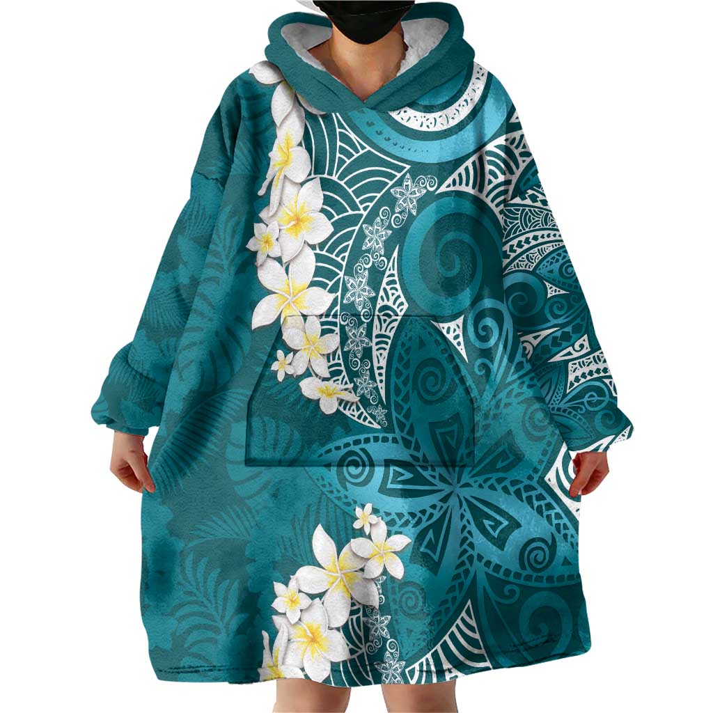 Cyan Polynesian Tribal Frangipani Tropical Vibe Wearable Blanket Hoodie