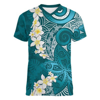 Cyan Polynesian Tribal Frangipani Tropical Vibe Women V-Neck T-Shirt LT14 Female Cyan - Polynesian Pride