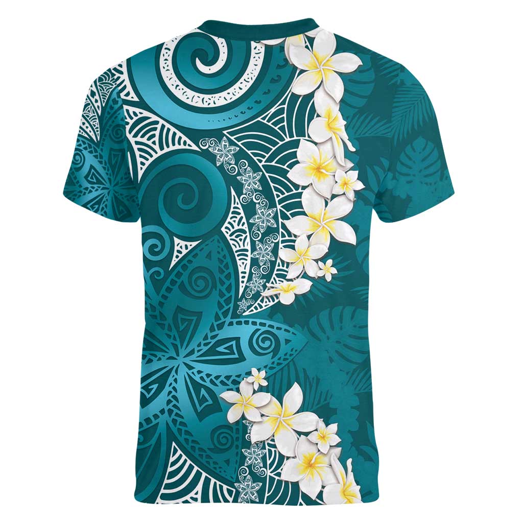 Cyan Polynesian Tribal Frangipani Tropical Vibe Women V-Neck T-Shirt LT14 - Polynesian Pride