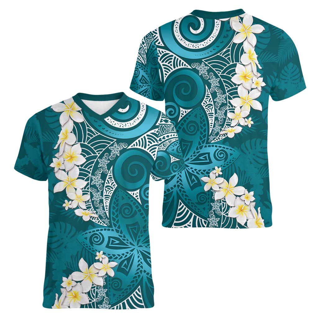 Cyan Polynesian Tribal Frangipani Tropical Vibe Women V-Neck T-Shirt LT14 - Polynesian Pride