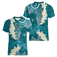 Cyan Polynesian Tribal Frangipani Tropical Vibe Women V-Neck T-Shirt LT14 - Polynesian Pride