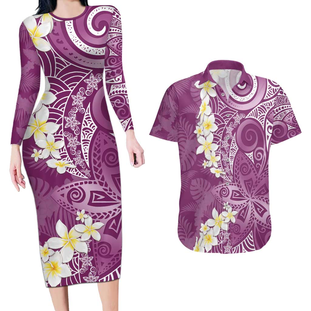 Pink Polynesian Tribal Frangipani Tropical Vibe Couples Matching Long Sleeve Bodycon Dress and Hawaiian Shirt LT14 Pink - Polynesian Pride